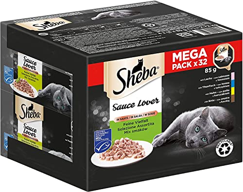 Sheba Lover   Feinstes Katzennassfutter der Schale   Feine Vielfalt mit Lachs MSC Thunfisch MSC Huhn und Ente   32x 85g