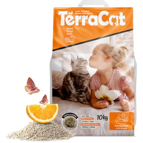 TerraCat Katzenstreu 12.5L - 10Kg Cat Litter 100% Natürlicher Griechischer Bentonit Katzenstreu Klumpstreu Hohe Saugfähigkeit Klumpstreu für Katzen Staubfrei Katzenstreu Klumpend Orangenduft