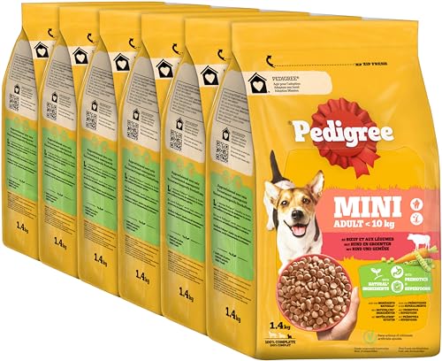 Pedigree Adult Hunde Trockenfutter für kleine ausgewachsene Hunde 10 kg mit Rind und Gemüse 6 x 1 4kg