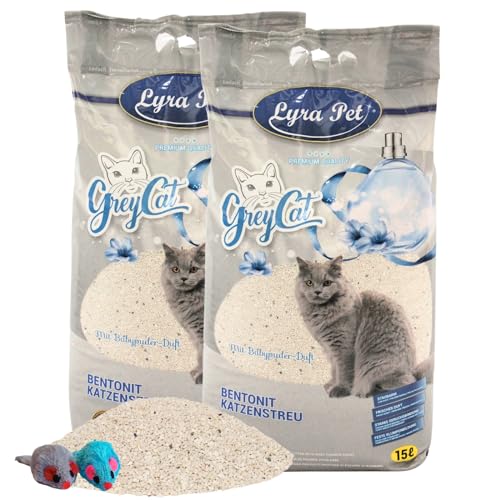 Lyra Pet 30 Liter Grey Cat Katzenstreu 2 Spielmäuse Mit Aktivkohle Mit Babypuder Duft Feines Klumpstreu 350% Saugkraft Naturprodukt aus Bentonit Neutralisiert Gerüche Staubarm