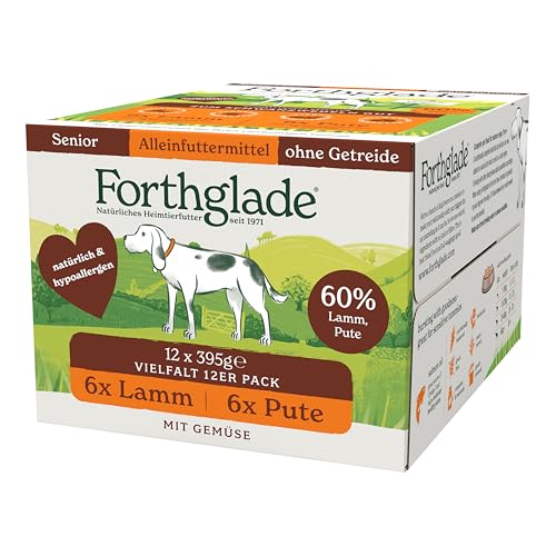 Forthglade Nassfutter für Hunde 12 x 395g Schalen hypoallergenes getreidefreies Futter für Senior-Hunde ab 7 Jahren Hundefutter Mixpaket mit 2 schmackhaften Sorten