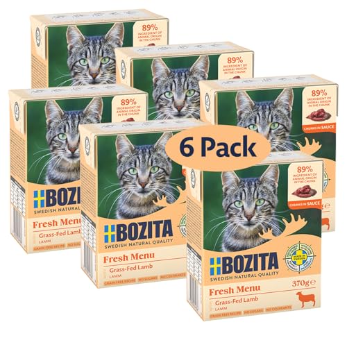 Bozita Nassfutter-Häppchen für Katzen in Sauce mit Lamm - 6er Pack 370g appetitliches Katzenfutter ohne Getreide und Zucker - Kitten-Futter mit 7 5% Protein 5% Fettgehalt ohne Gentechnik