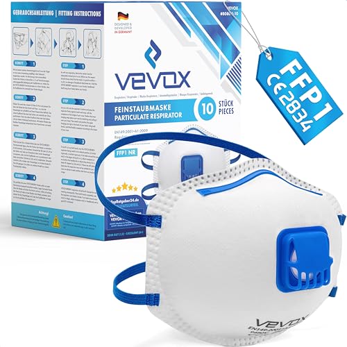 VEVOX FFP1 Atemschutzmasken   Im 10er Set   mit Komfort Plus Abdichtung   Staubschutzmaske FFP1 mit Ventil   Für den zuverlässigsten Schutz