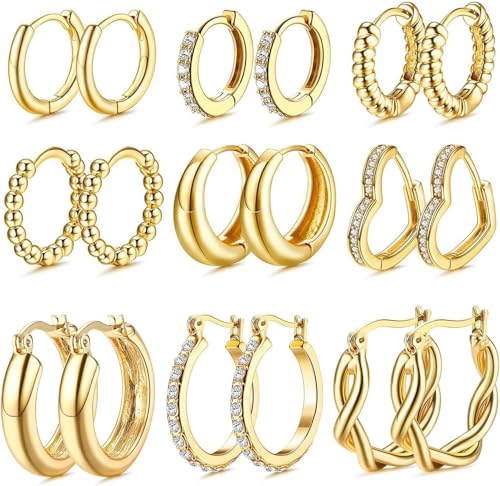 JeweBella 9 Paar Ohrringe Gold 14K Vergoldet Ohrringe Damen Hypoallergen Chunky Ohrringe Creolen Gold für Damen Mädchen Zirkonia Twist Herz Ohrstecker Gold Kleine Ohrringe Set für Mehrere Ohrlöcher