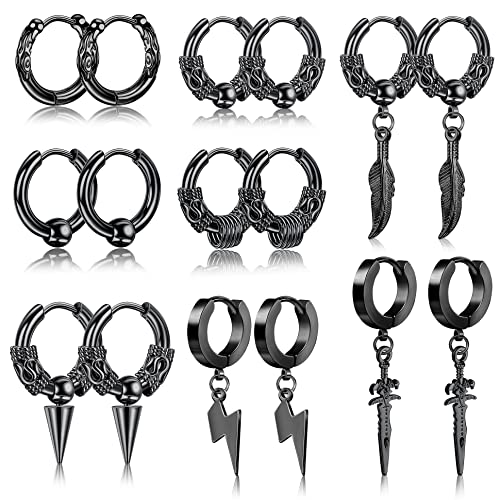 JeweBella 8Paare Ohrringe Herren Edelstahl Vintage Ohrringe Creolen Anhänger Feder Blitz Hypoallergen Punk Gothic HipHop Cool Ohrringe Knorpel Set für Männer Damen Schwarz Silber