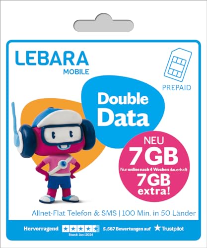 Lebara Prepaid SIM-Karte mit Hello 7 7 Prepaid Tarif ohne Vertrag Allnet Flat Telefonie SMS 7 GB Datenvolumen inkl. LTE und 100 Frei-Min. ins Ausland