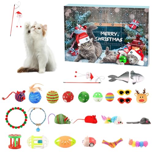 Skeadex Adventskalender für Katzen 12 24 Stück Interaktives Katzenspielzeug Katzenhalsbänder Katzenbälle Mäuse Fisch 24-tägige Countdown Geschenke für Weihnachten für Katzen 24pcs