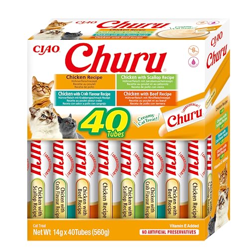 INABA Churu - Katzen-Leckerlies aus 4 Sorten Hühnchen als Püree - Schmackhafte Katzensnacks - Leckerchen mit Glatter Cremiger Textur - Tiernahrung - 40 Tuben x 14g