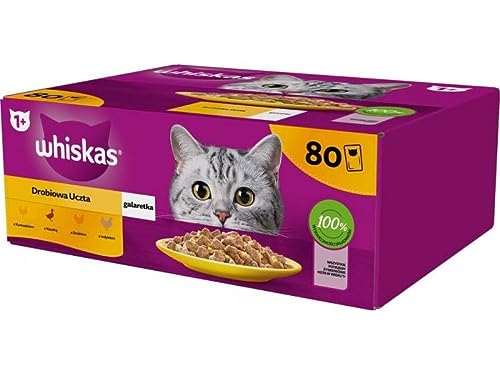 Whiskas Adult 1 Katzennassfutter Geflügel Auswahl in Gelee 80 Portionsbeutel 80x85g Hochwertiges Katzenfutter nass für ausgewachsene Katzen