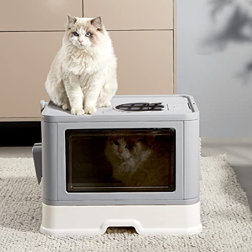 Katzenklo Katzentoilette mit Deckel Katzenklo inklusive Schaufel ausziehbares Tablett 2 Öffnungen auslaufsicherer Boden 48.5 36.5 38cm Grau