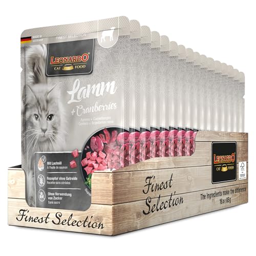 Leonardo Frischebeutel 16x85g Lamm Cranberries Getreidefreies Nassfutter für Katzen Feuchtfutter Alleinfutter im Einzelportionsbeutel