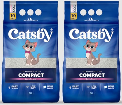 Catsby Compact Katzenstreu 2x5l 10l mit Lavendel Duft Klumpend feinkörnig Klumpstreu aus Bentonite für Sensitive Katzenpfoten geeignet