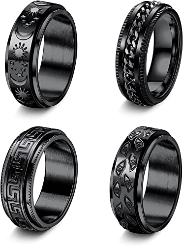 LOLIAS 4 Stücke Schwarz Spinner Ringe für Männer Frauen Teen Cool Mood Star Ketten Evil Eye Angst Ringe Edelstahl Fidget Ring Stressabbau Hochzeit Versprechen Band Ringe