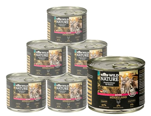 Dehner Wild Nature Katzenfutter Kitten Hügelland Nassfutter getreidefrei zuckerfrei für junge Katzen Huhn 6 x 200 g Dose 1.2 kg