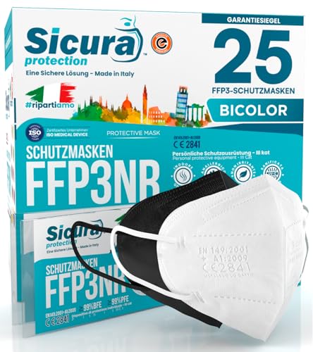 25 FFP3 Masken CE-zertifiziert Schwarz und Weiß Made in Italy BFE 99% PFE 99% Logoaufdruck SICURA Italienisch sanitisiert und einzeln versiegelt ffp3 Maske 12 Weiß 13 Schwarz