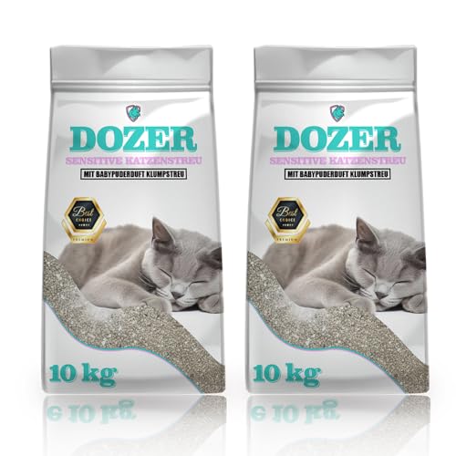 20kg Dozer Katzenstreu Sensitive mit Babypuderduft Klumpstreu Premium 26L Katzenstreu mit Babypuder-Duft - Feine Klumpstreu aus Bentonit 2 x 10 kg 26 Liter