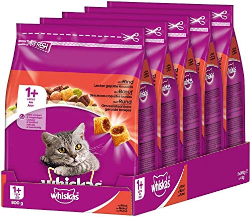 Whiskas 1 Katzenfutter Knabberstückchen mit Rind Hochwertiges Trockenfutter für ausgewachsene Katzen Beutel 5 x 800g