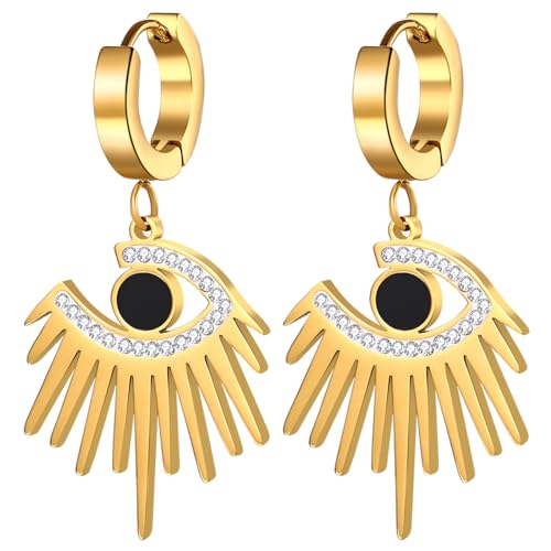 JewelryWe Böser Blick Ohrringe Damen Gold Schwarz Edelstahl Strass Creolen Huggie Ohrringe mit Baumelnde Augen Evil Eye Starburst Ohrringe Hängende Ohrringe Ohrhänger Geschenk für Frau Mädchen