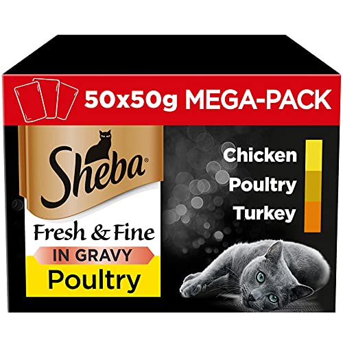 Sheba Katzennassfutter Fresh Fine Selection in Sauce 50x50g Portionsbeutel Mega Pack Katzenfutter nass Geflügel Variation mitmit Truthahn Huhn und Geflüge für ausgewachsene Katzen