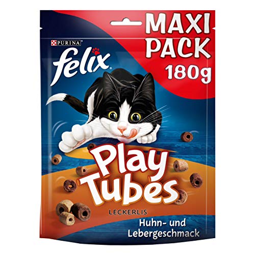 FELIX Play Tubes Katzensnack Leckerli zum Spielen mit Huhn- Lebergeschmack 5er Pack 5 x 180g