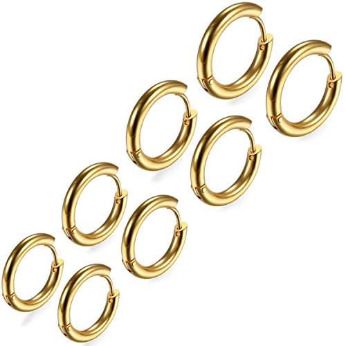 Flongo 8 Stück 18mm-24mm Edelstahl Ohrstecker Reifen Huggie Ohrringe Ohrschmuck Klapp Creolen Gold O-Ring Poliert Polished Einzigartig Herren Damen Schmuckset