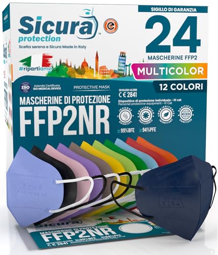 24 FFP2 Maske bunt CE zertifiziert farbig Made in Italy BFE 99% Mix 12 Farben Blau Orange Rot Schwarz Blau Grün Apfelgrün Gelb Turteltauben Lila Pink Lavendel