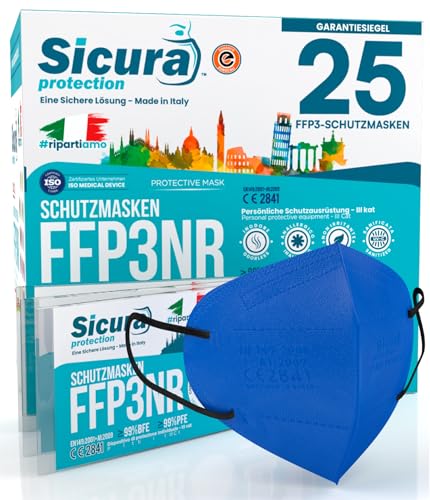 25 FFP3-Masken CE-zertifiziert COBALTBLAU Schwarze Gummibänder Made in Italy geprägtes SICURA-Logo PFE 99% BFE 99% SANITIZED einzeln versiegelte Maske