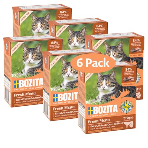 Bozita Sterilised Nassfutter-Häppchen für Katzen in Gelee mit Huhn Rind- 6er Tetra Pack 370g Katzenfutter ohne Getreide und Zucker - Katzen-Futter mit 7 5% Protein 5% Fettgehalt ohne Gentechnik