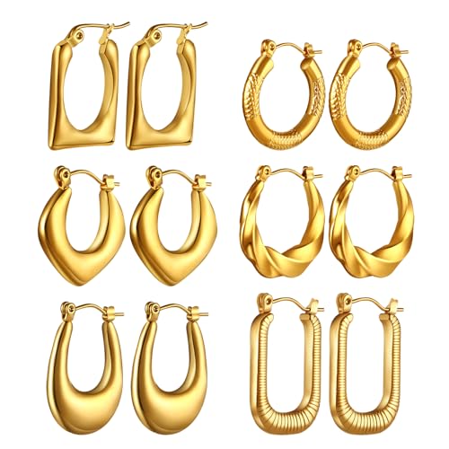 Flongo Damen Gold Chunky Ohrringe Dicke Geometrische Ohrstecker Set 6 Paare Herz Dreieck Oval Rund Rechteckig twist Klein Hoop Klobig Klapp creolen Edelstahl vergoldet statement earrings dupes Frauen