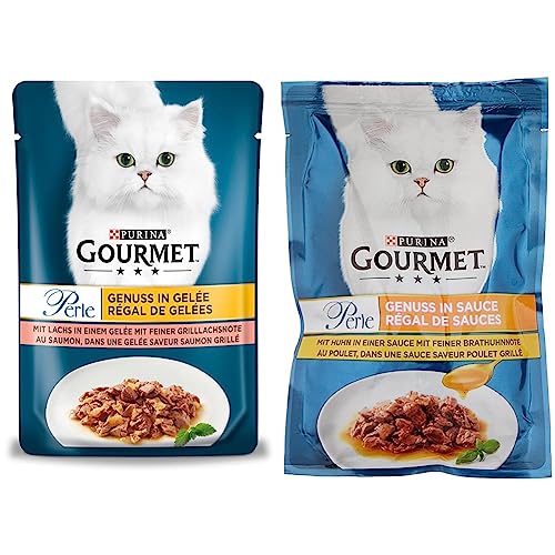 PURINA Gourmet Perle Genuss in Gelee Katzenfutter nass mit Lachs feiner Grillachsnote 26er Pack 26 x 85g PURINA Gourmet Perle Genuss in Sauce Katzenfutter nass mit Huhn 26er Pack 26 x 85g