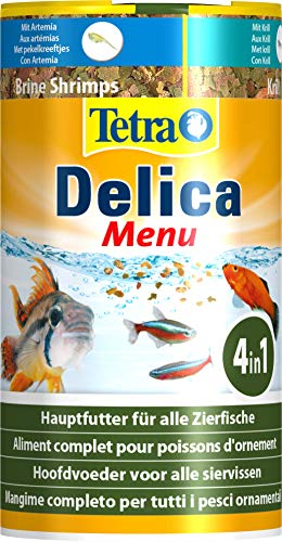 Tetra Delica Menu Naturfutter - 4 verschiedenen Futtertier-Sorten in einzelnen Kammern Wasserflöhe Artemia Krill Gammarus natürliche Snacks für Zierfische 100 ml Dose