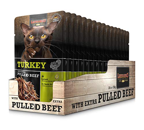  Frischebeutel 16x70g Turkey mit Fleischstreifen Pulled Beef Alleinfuttermittel Katzenfutter