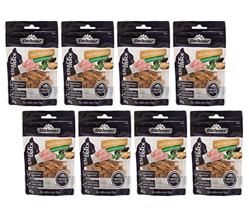 Dehner Premium Katzensnack Leckerli glutenfrei für ausgewachsene sensible Katzen Hähnchenfleischstreifen 8 x 45 g 360 g