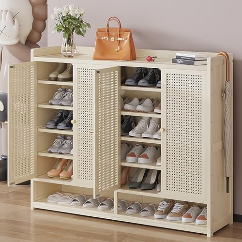 Schuhregal aus Bambus mit verstellbaren Regalen 7 Etagen Schuhschrank für Eingangsbereich Flur 120 cm Höhe 4 Türen Rattan-Design