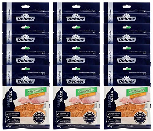 Dehner Premium Katzensnack Carpaccio Leckerli glutenfrei zuckerfrei Kausnack für ausgewachsene Katzen im Beutel 12 x 40 g 480 g