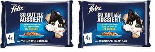 FELIX So gut wie es aussieht Katzenfutter nass in Gelee mit Thunfisch Kabeljau 24er Pack 12 x 4 Beutel 85g