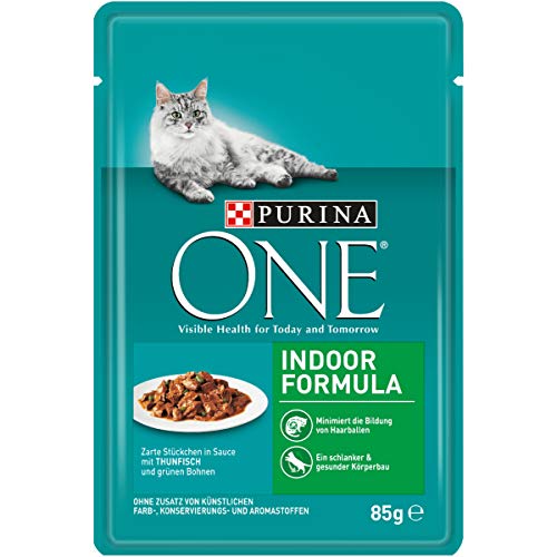 PURINA ONE INDOOR FORMULA Katzenfutter nass zarte Stückchen in Sauce für Hauskatzen mit Thunfisch 24er Packx 85g
