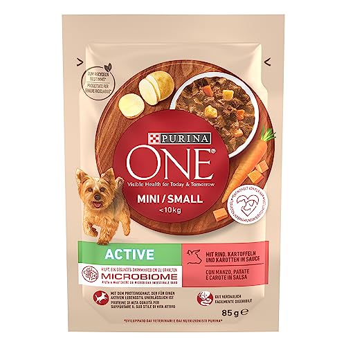 PURINA ONE Mini Small Active Hundefutter nass für kleine Hunde reich an Rind Gemüse 26er Pack 26 x 85g