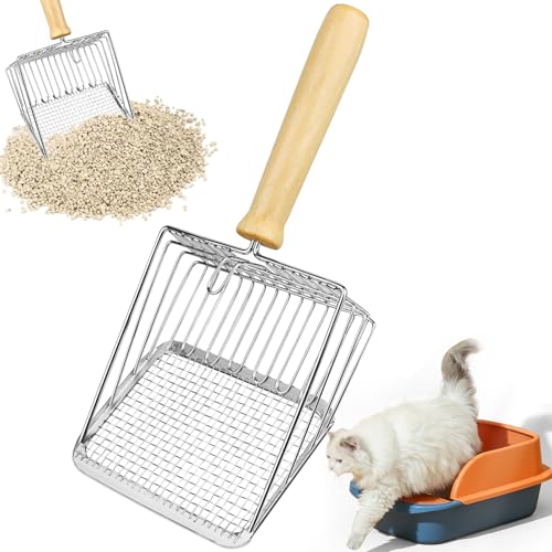 Powmag Edelstahl Katzenstreuschaufel Metall Katzenschaufel für Doppelzone Große mit Holzgriff Cat Litter Scoop