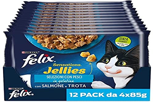 Purina Felix Sensations Jellies Nassfutter für Katzen mit Lachs im Gelee mit ungesunde Gelee und Forelle in Gelee und Spinat 48 Beutel 85 g