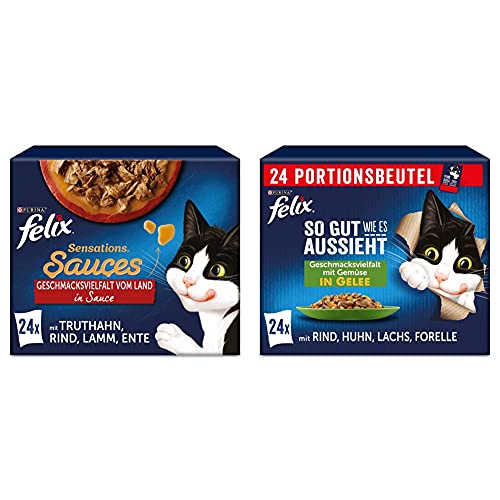 FELIX Sensations Saucen Katzenfutter nass Sorten-Mix 4er Pack 4 x 24 Beutel 85g So gut wie es aussieht Katzenfutter nass in Gelee Sorten-Mix 4er Pack 4 x 24 Beutel 85g