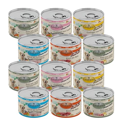 Landfleisch Hundefutter 12 x 195g Mixpaket garantierter 4 Sorten Mix Nassfutter für Hunde Ohne Zusatz von Gluten Zucker GVO und Sojaprodukten