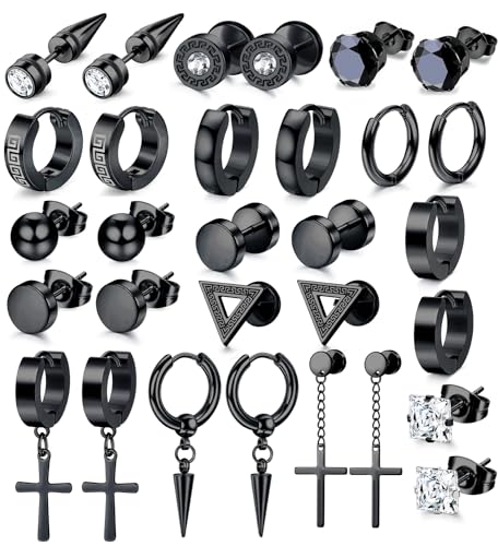 JeweBella 15 Paar Herren Edelstahl Ohrstecker Set Hypoallergen Zirkonia Ohrstecker Kreuz Baumelnde Piercing Knorpel Schwarz Silber für Männer Damen