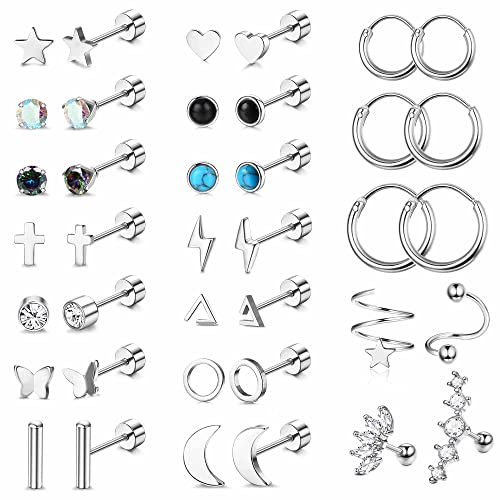 Morfetto 20G Edelstahl Ohrstecker für Frauen Männer CZ Herz Stern Mond Flache Rückseite Ohrringe Knorpel Ohrringe Ohrstecker Creolen Daith Muschel Tragus Helix Ohrringe Piercing Schmuck Silber