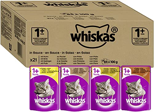 Whiskas 1 Katzennassfutter Geflügel-Auswahl in Sauce Hochwertiges Feuchtfutter für ausgewachsene Katzen im Portionsbeutel Katzenfutter Großpackung 84 x 100g