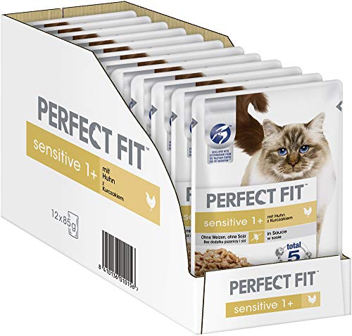Perfect Fit Sensitive 1 Nassfutter für erwachsene sensible Katzen ab 1 Jahr Huhn in Sauce Ohne Weizen Soja Unterstützt die Verdauung 12 x 85 g