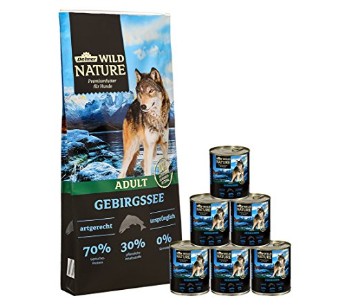 Dehner Wild Nature Hundefutter Set Gebirgssee getreidefrei zuckerfrei für ausgewachsene Hunde Lachs 1x Trockenfutter 12 kg Nassfutter 6 x 800 g Dose