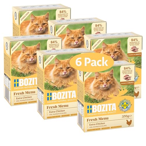 Bozita Sterilised Nassfutter-Häppchen in Sauce mit viel Huhn - 6er Pack 370g schmackhaftes Katzenfutter ohne Getreide und Zucker - Kitten-Futter mit 8 5% Protein 4 5% Fettgehalt ohne Gentechnik