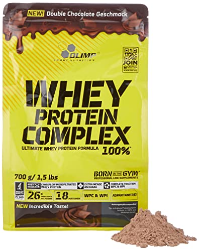 OLIMP- Whey Protein Complex 100%. Hochwertiges Protein Pulver aus Eiweißkombination von Molkeneiweißkonzentrat und Molkeneiweißisolat für den Muskelaufbau. Geschmack Double Chocolate