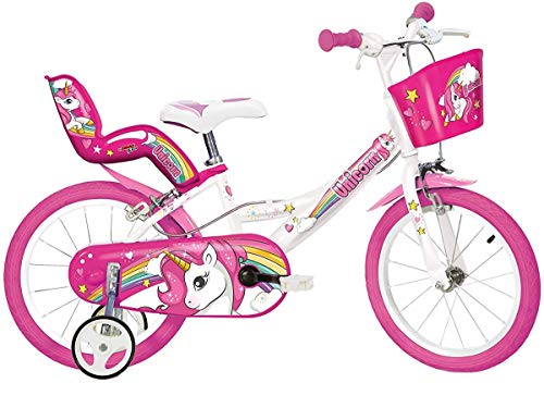 Dino Bikes 164R-UN Kinderfahrrad Einhorn 16 Zoll Fahrrad mit Stützrädern Schutzblech Kettenschutz Korb und Puppen-Aufsatz Kinderrad mit Regenbogen Motive für Kinder ab 6 Jahren Weiß Pink